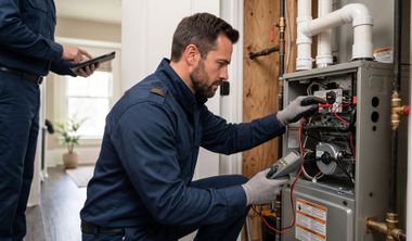 Plumber connecting a gas line pipe fitting