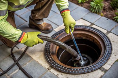 Technician using a drain snake to clear a clogged pipe