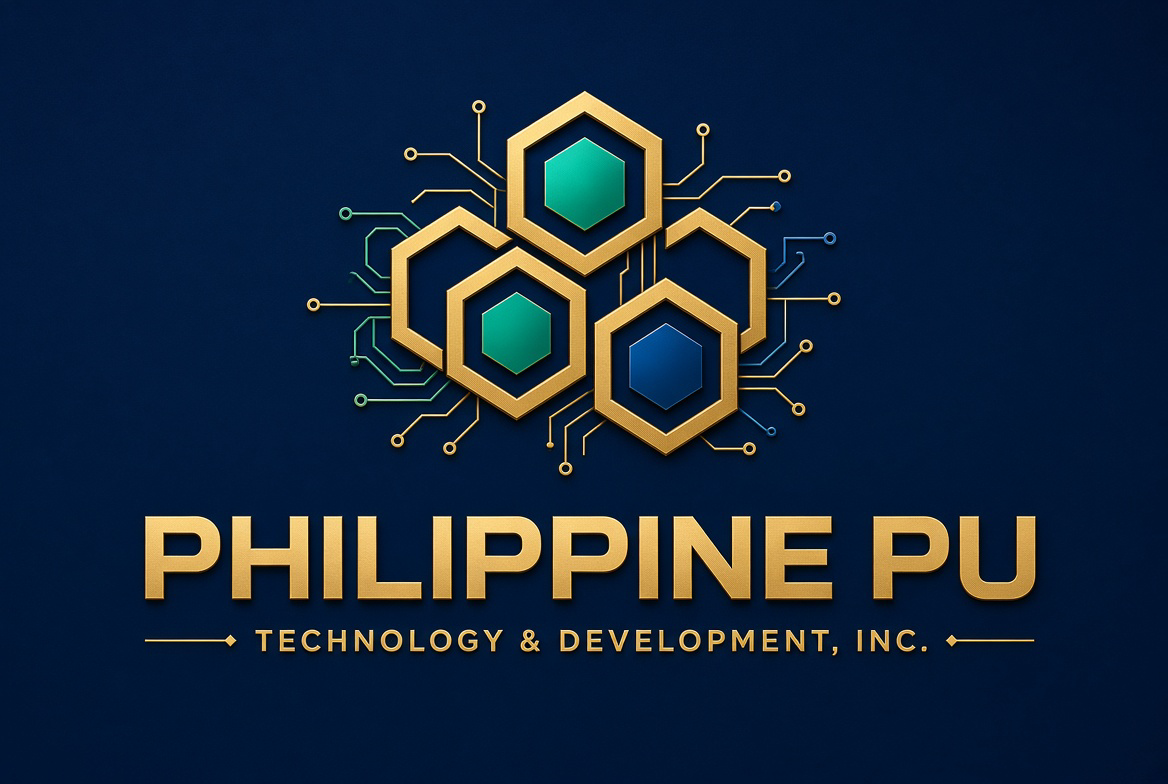 Philippine PU logo: Golden stylized house within a circle, with text 