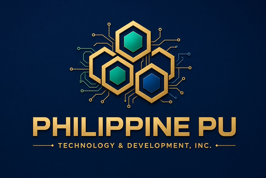 Philippine PU logo: Golden stylized house within a circle, with text 