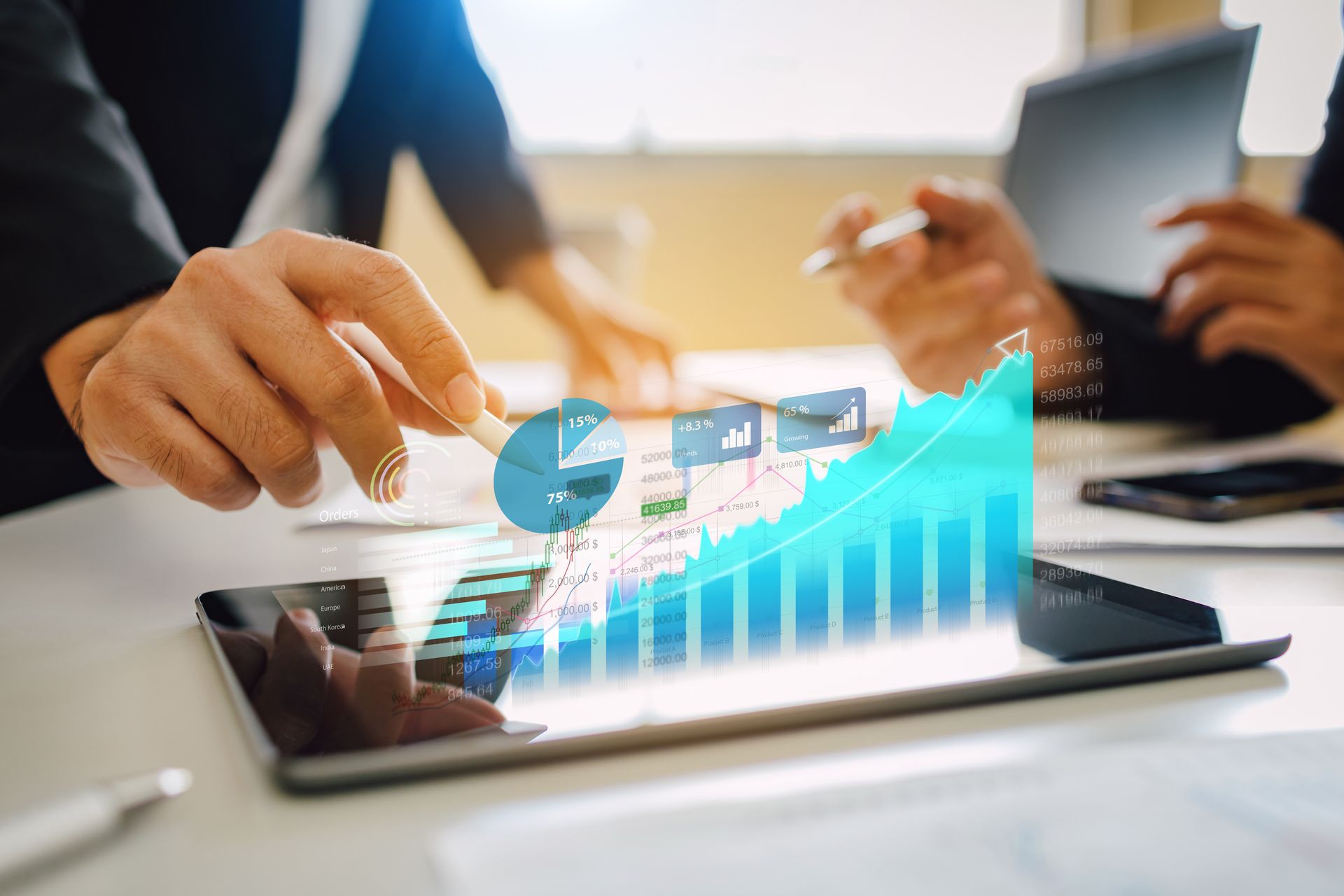 Illustration of graphs on a tablet representing discounted cash flow 