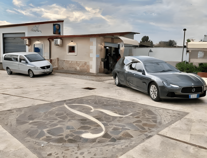 Area di parcheggio accessibile con due auto parcheggiate accanto a un piccolo edificio e segnaletica per sedia a rotelle sul marciapiede.