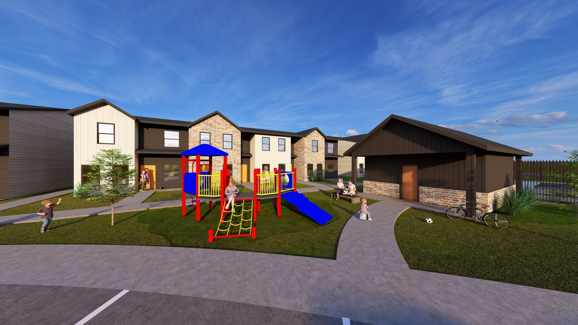 An artist 's impression of a playground in front of a row of houses.