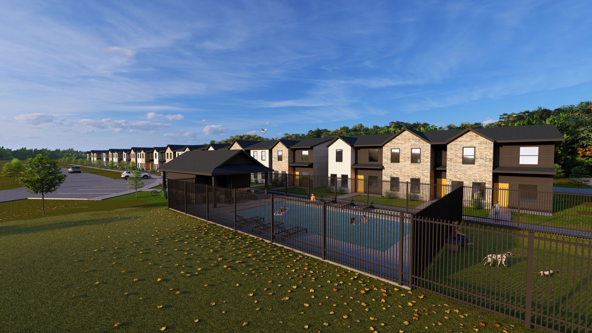 An artist 's impression of a row of houses next to a pool.