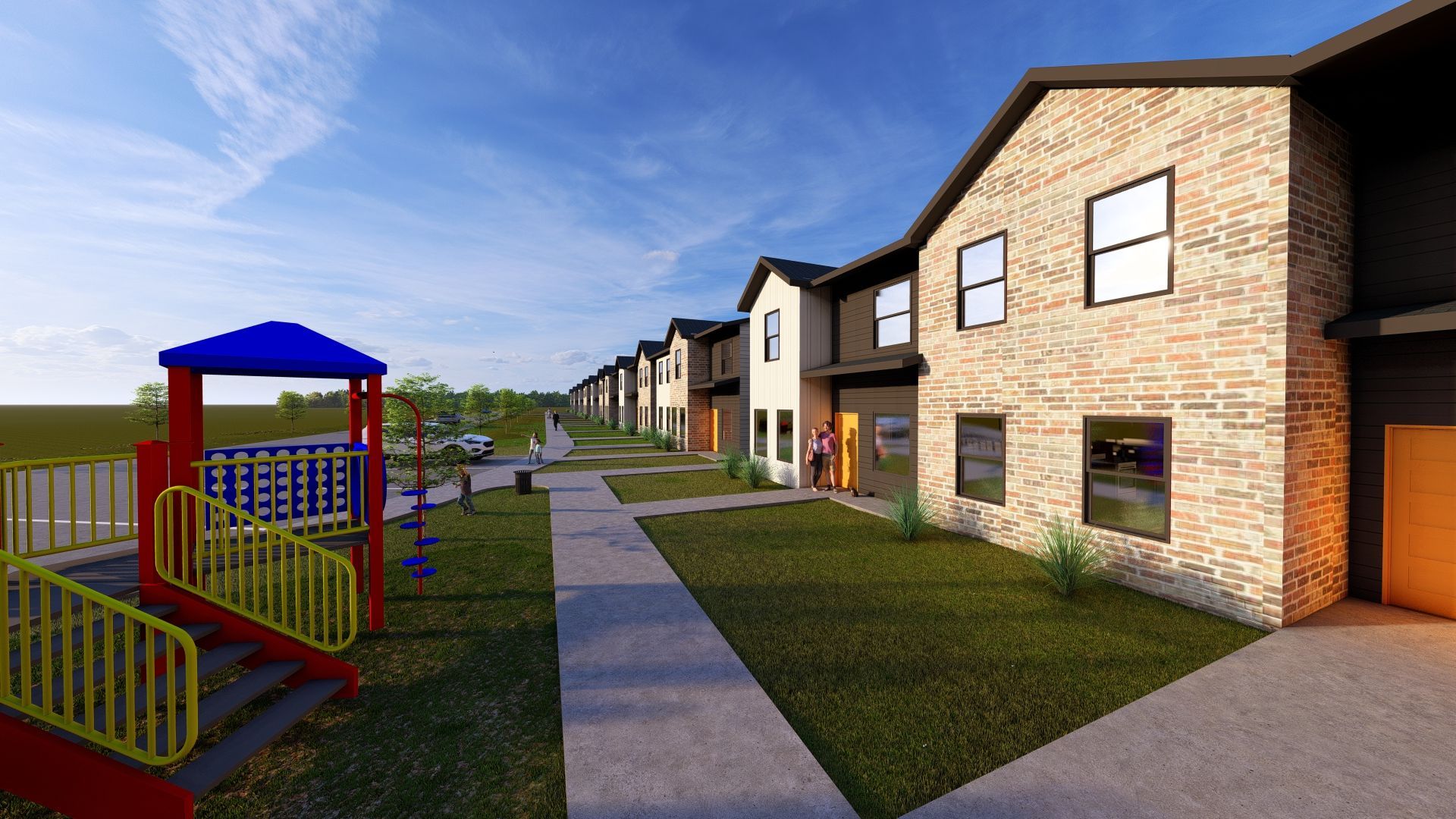 An artist 's impression of a row of houses with a playground in front of them.