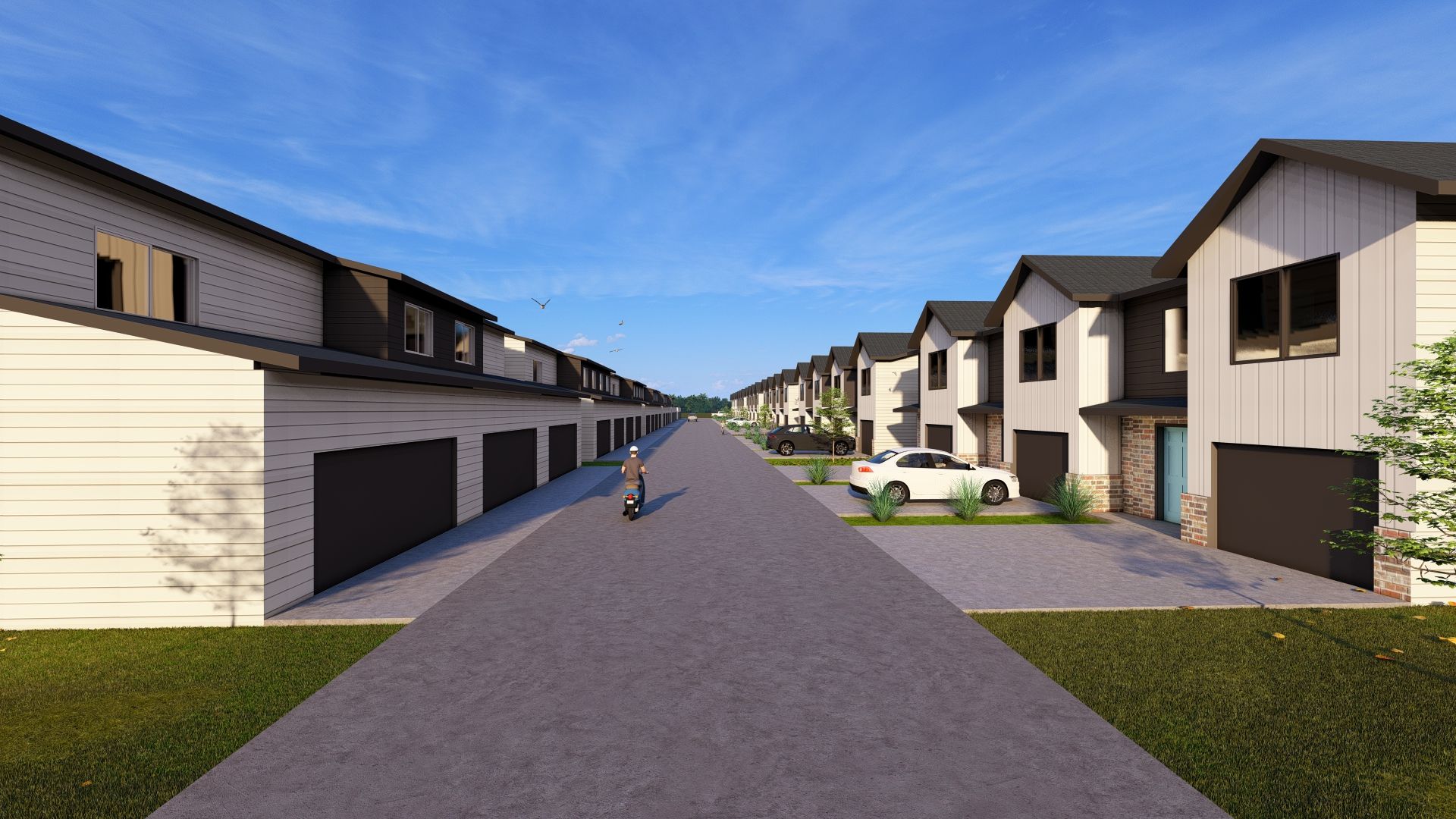 An artist 's impression of a row of houses with cars parked on the side of the road.