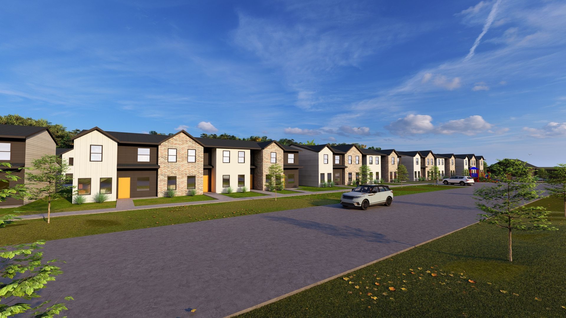 An artist 's impression of a row of houses on a residential street.