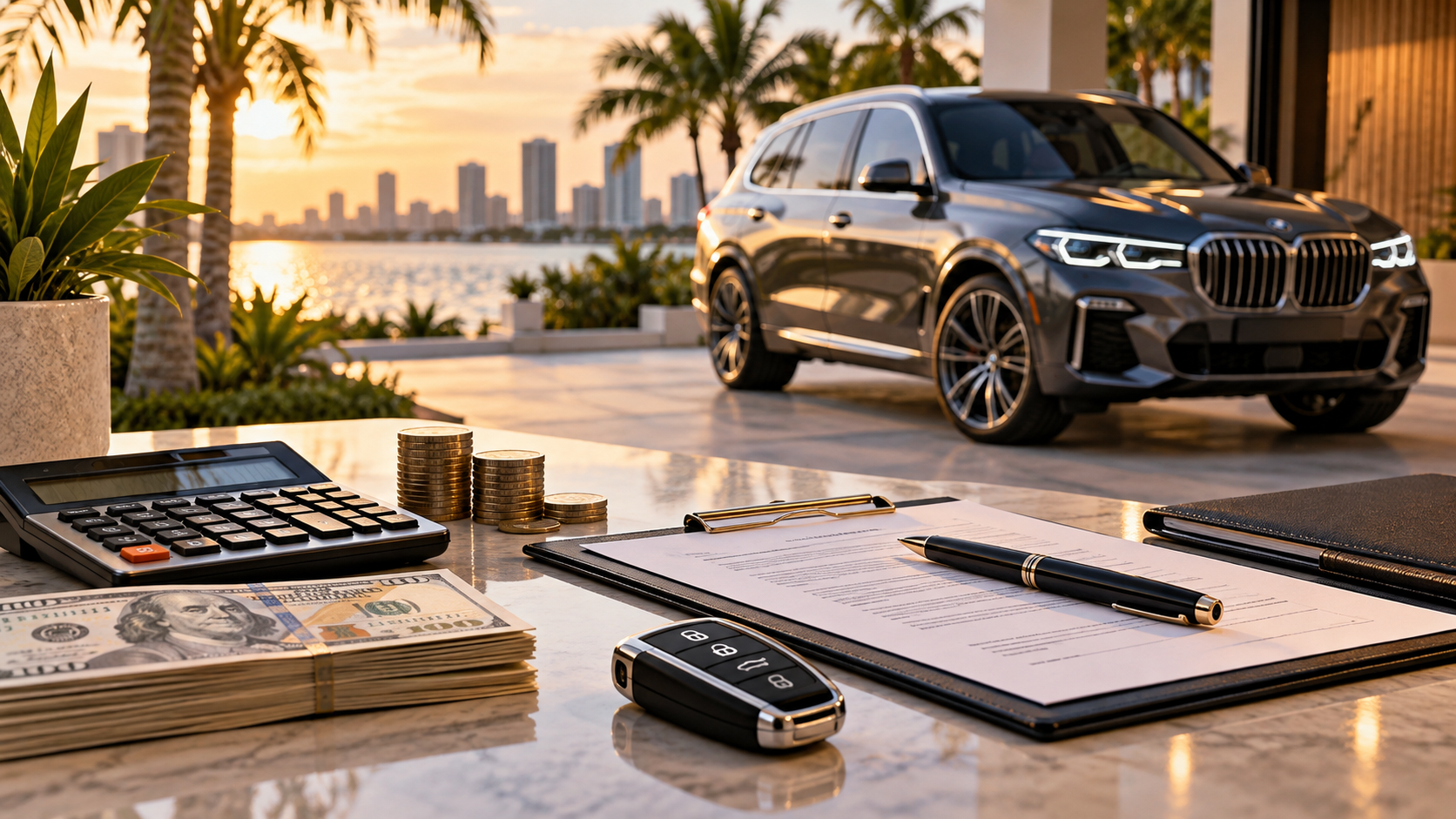 Luxury SUV with calculator, cash, and paperwork showing auto broker costs and savings in Florid