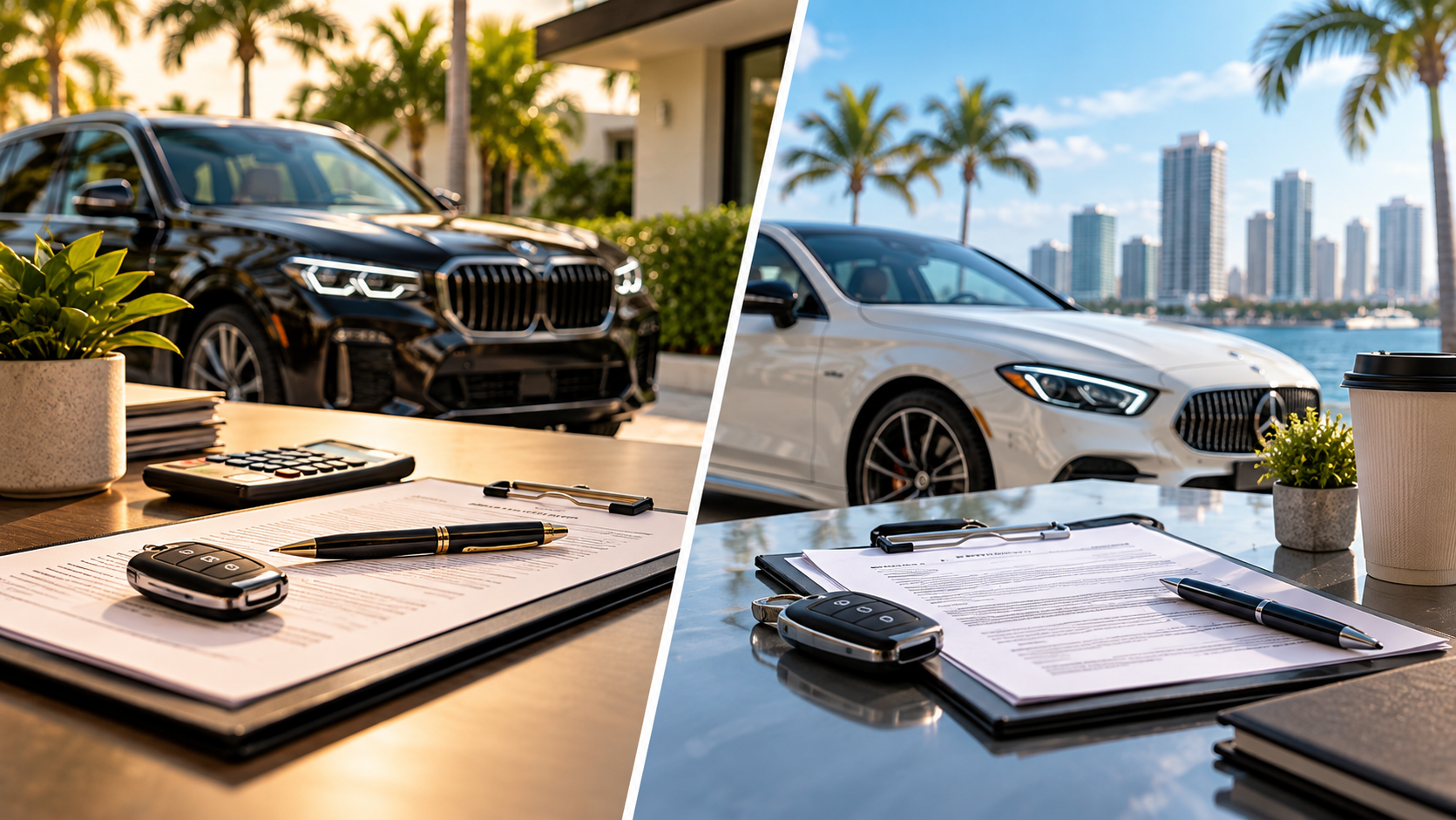 Luxury cars beside a notepad and keys on a desk, with a city skyline and palm trees in the background