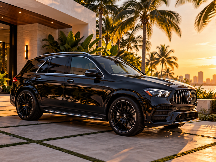 Black luxury SUV parked outside a modern home at sunset with palm trees and ocean views