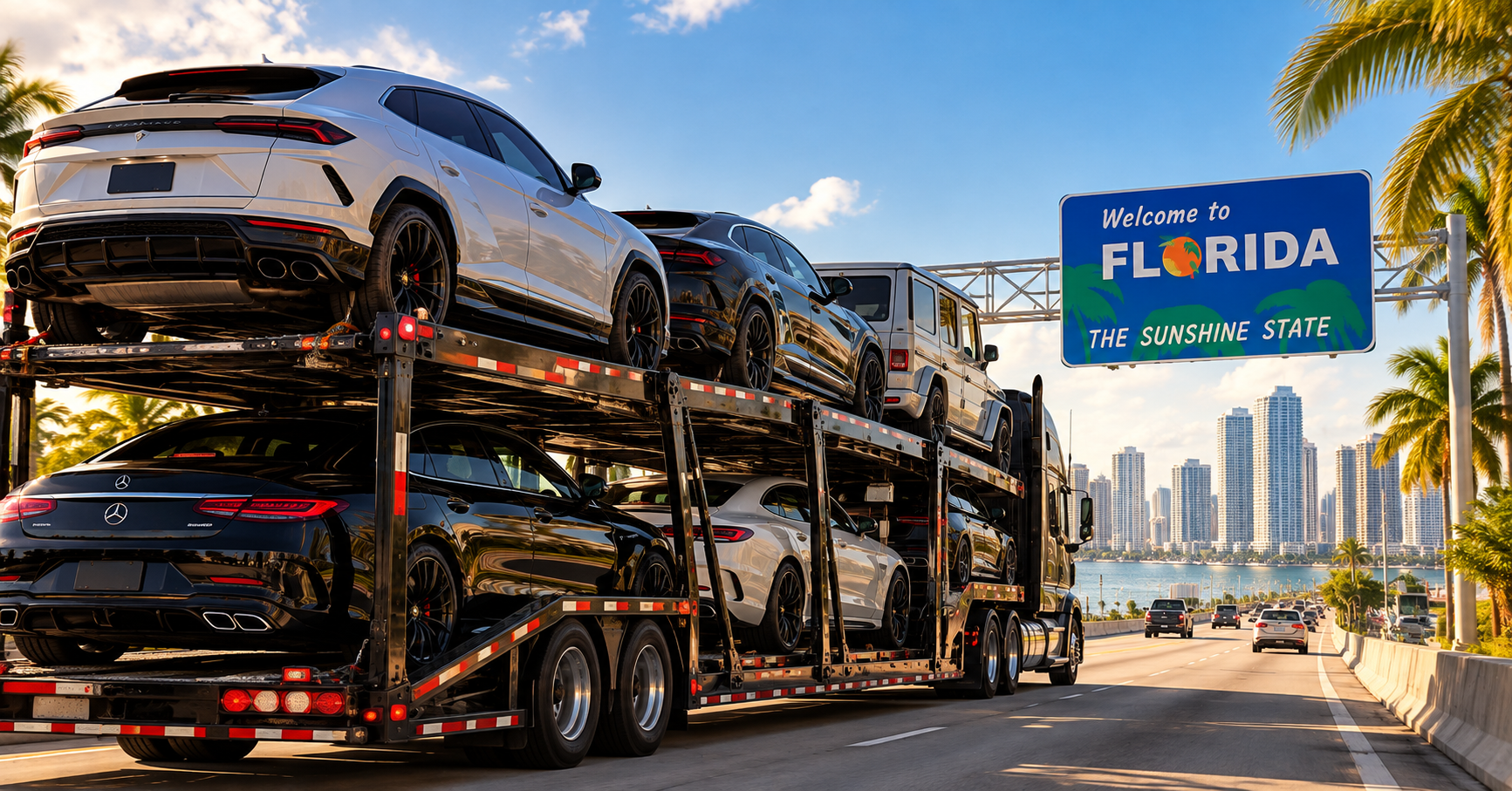 Luxury vehicles on a car transport truck entering Florida, illustrating out-of-state car shipping.