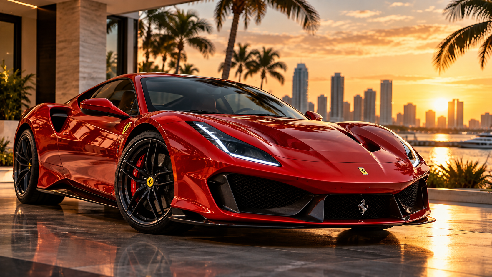 Red sports car parked by a waterfront at sunset with a city skyline in the background