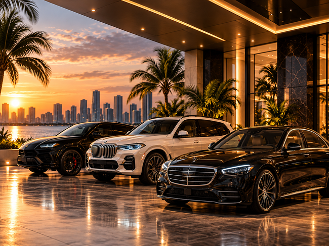 Three luxury SUVs parked at a hotel entrance at sunset, with a city skyline in the background
