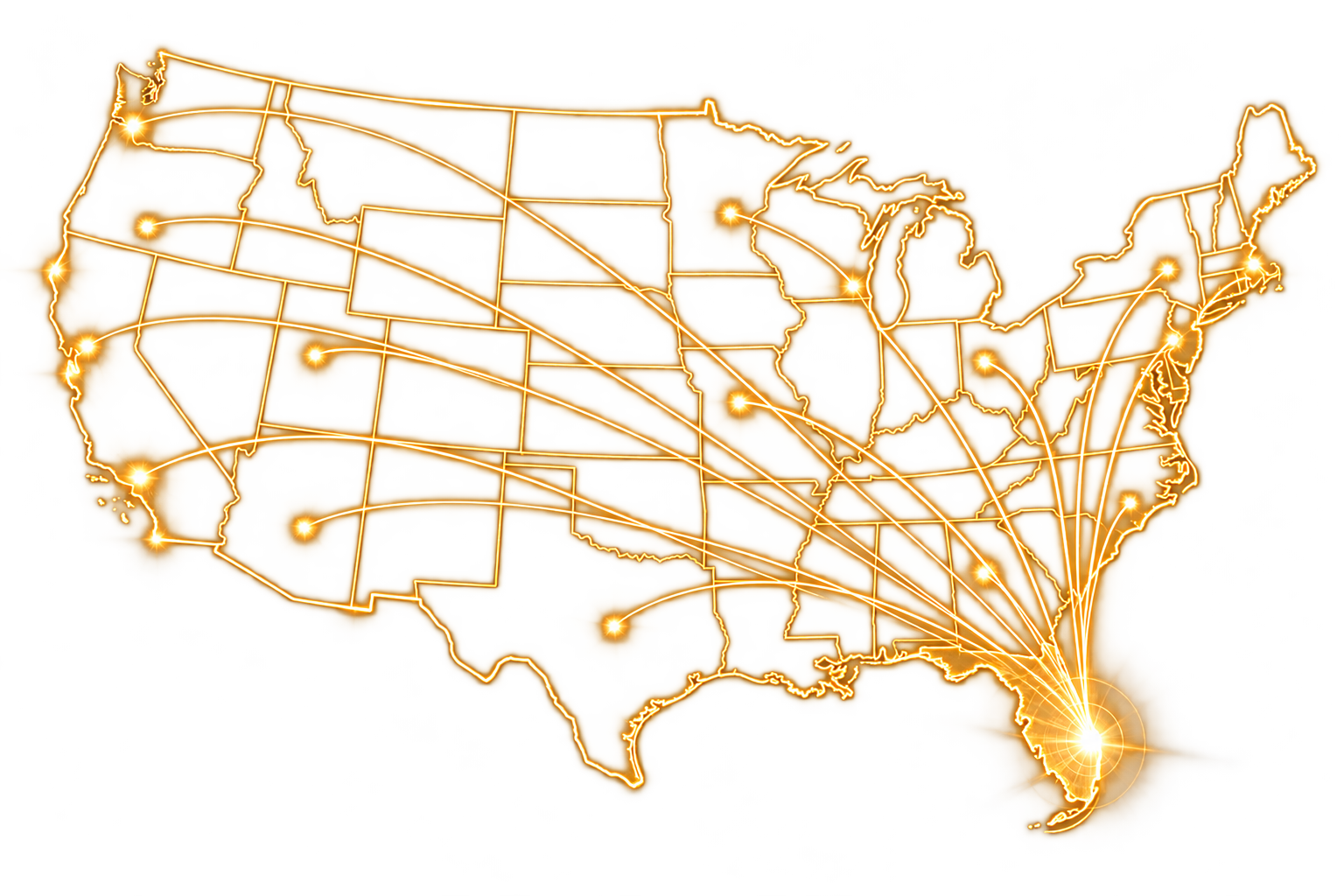 Gold network map of the United States with connecting lines radiating from Florida