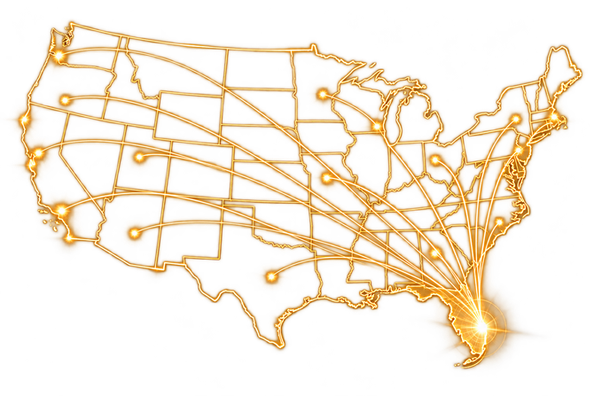 Orange route map of the United States with many lines converging on Florida