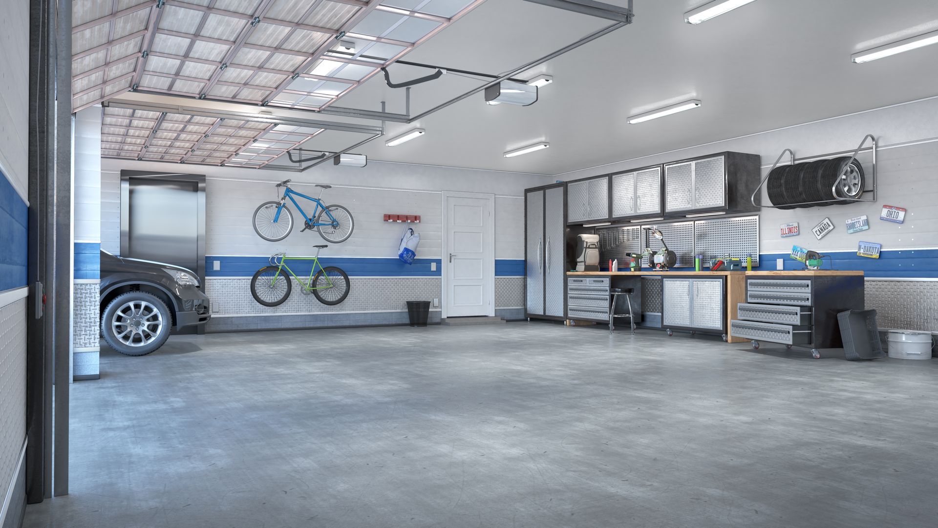 Spacious garage interior with a car, work bench, cabinets, and two bicycles. Blue and grey color scheme.