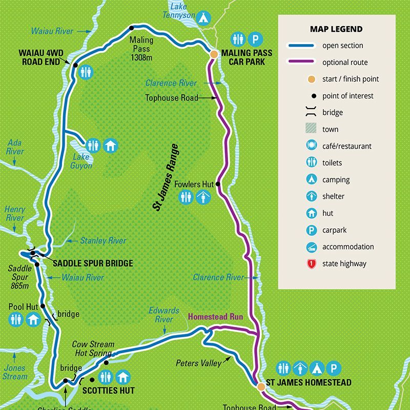 A map showing the route of st. james range
