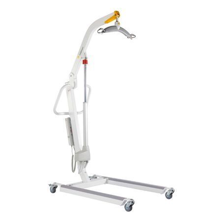 Ein weißer Patientenlifter mit Rädern auf weißem Hintergrund.