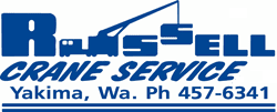 Russell Crane Service logo: Blue text and crane graphic, Yakima, WA, phone 457-6341.