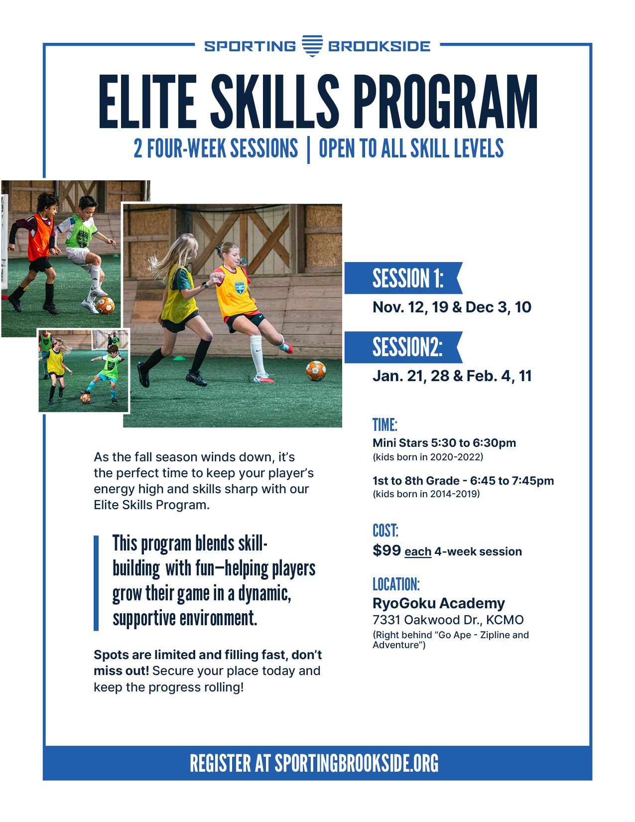 Elite Skills Program - Flyer. Fall and Winter Camps, Sporting Brookside, Kansas City, Missouri