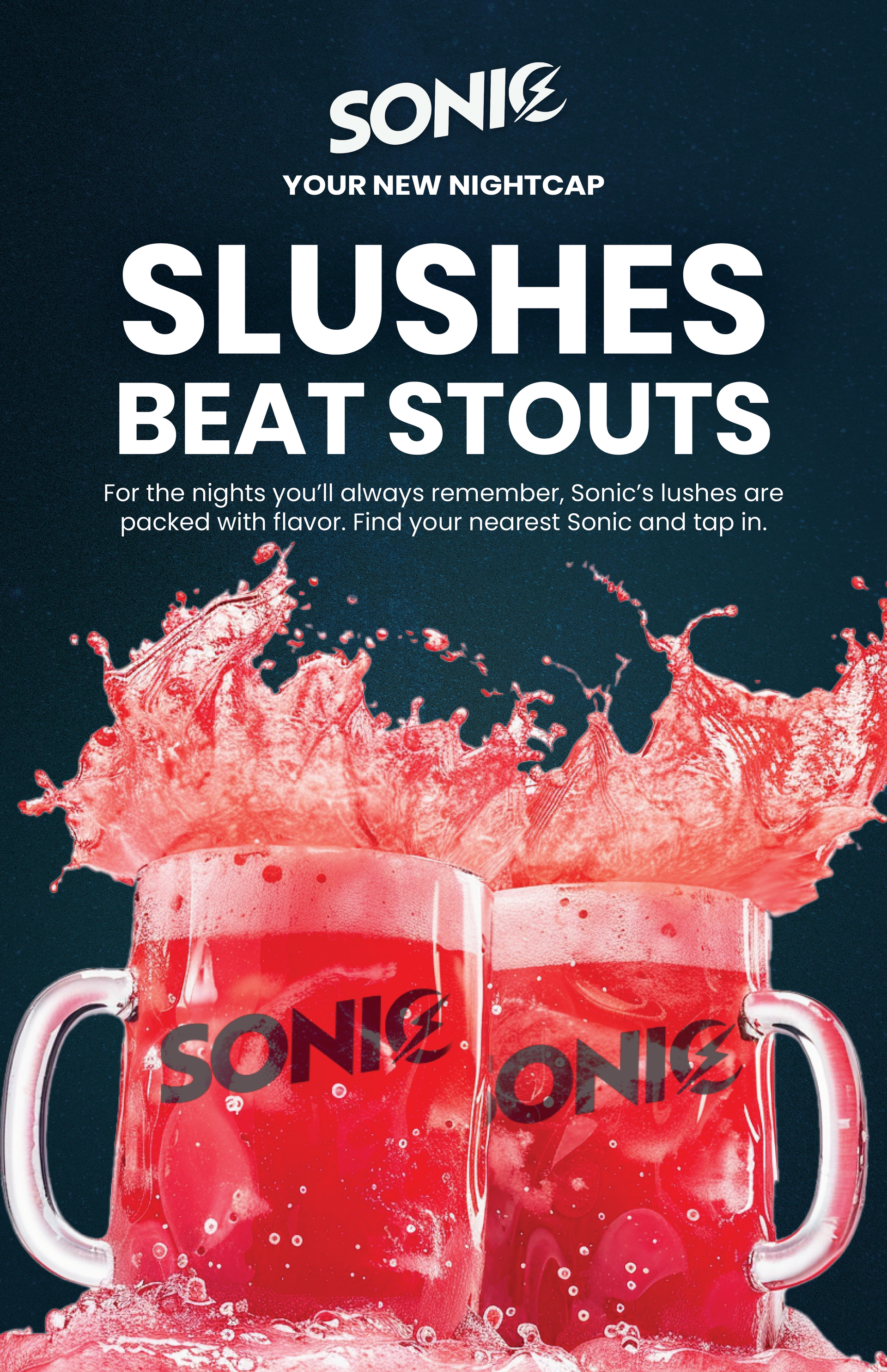Sonic ad for slushes. Two mugs with pink slushes, splashing.