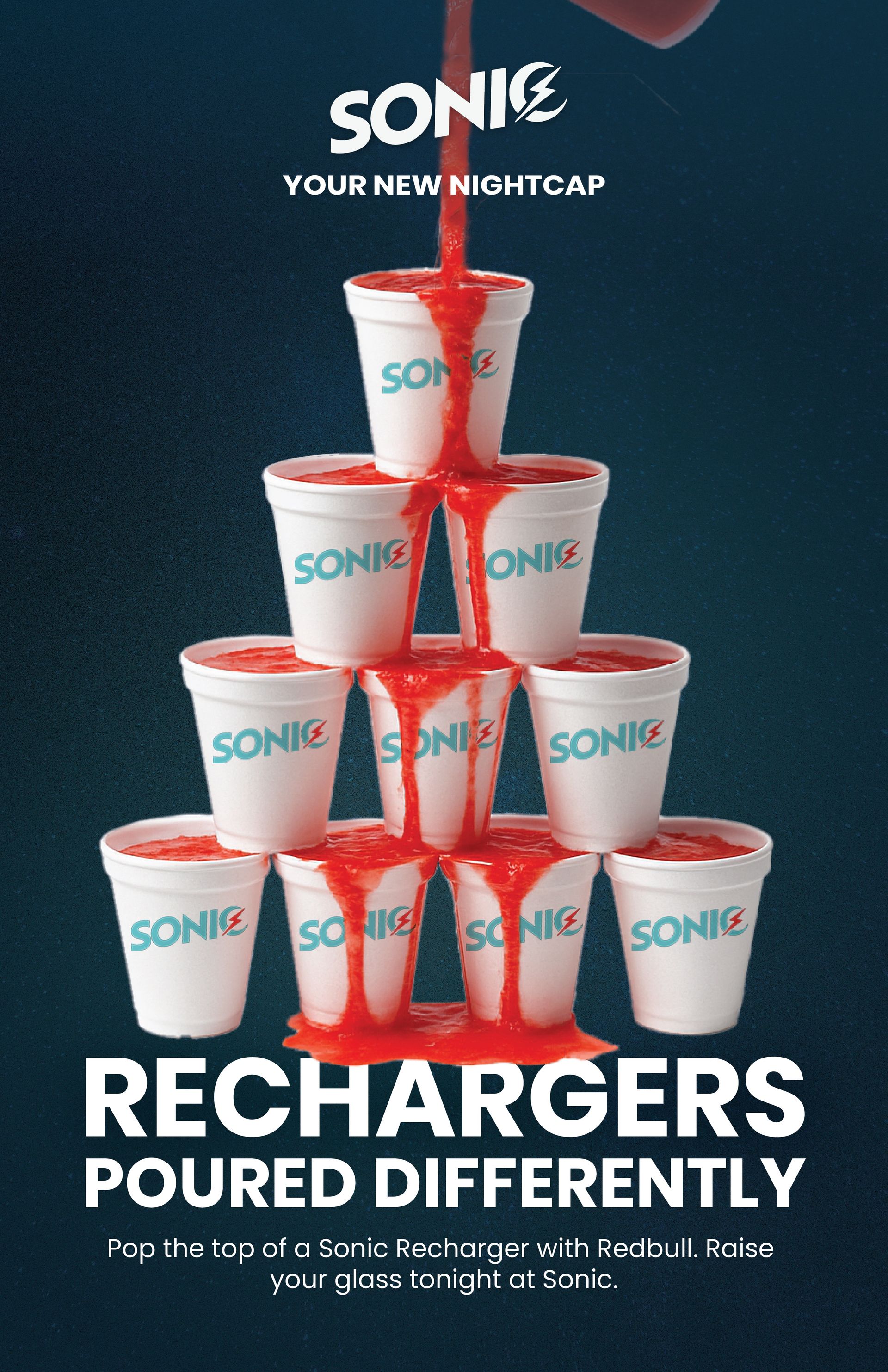 A pyramid of Sonic cups with red liquid pouring from the top. Text: