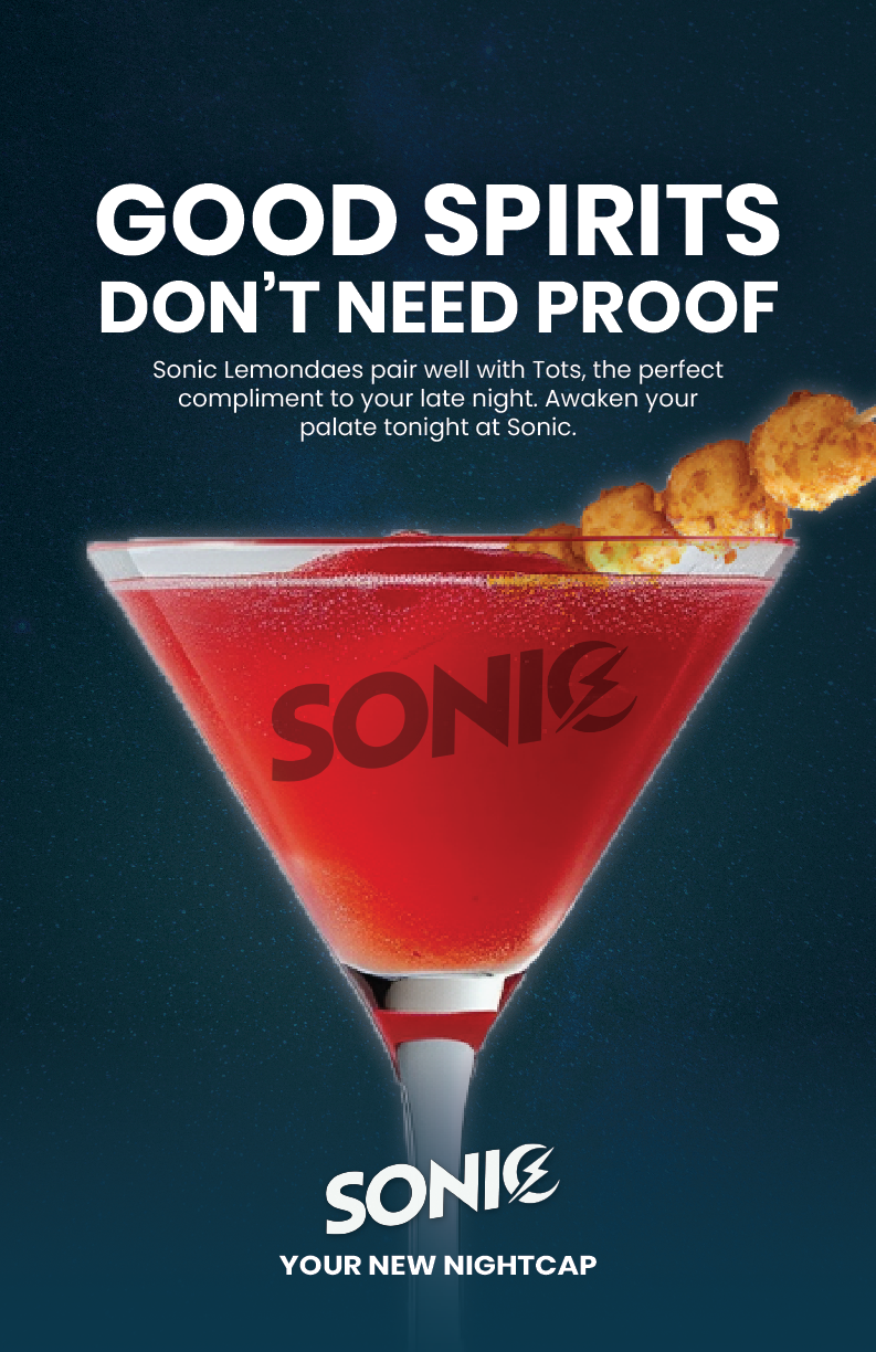 A red cocktail in a martini glass with a Sonic logo, garnished with a fried food. Text: