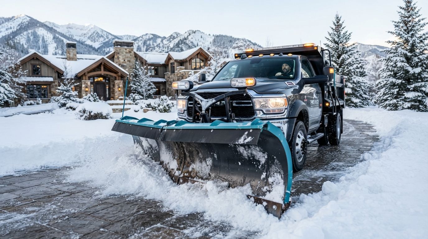 Pickup truck plowing snow on a suburban street in front of snow-covered houses and mountains