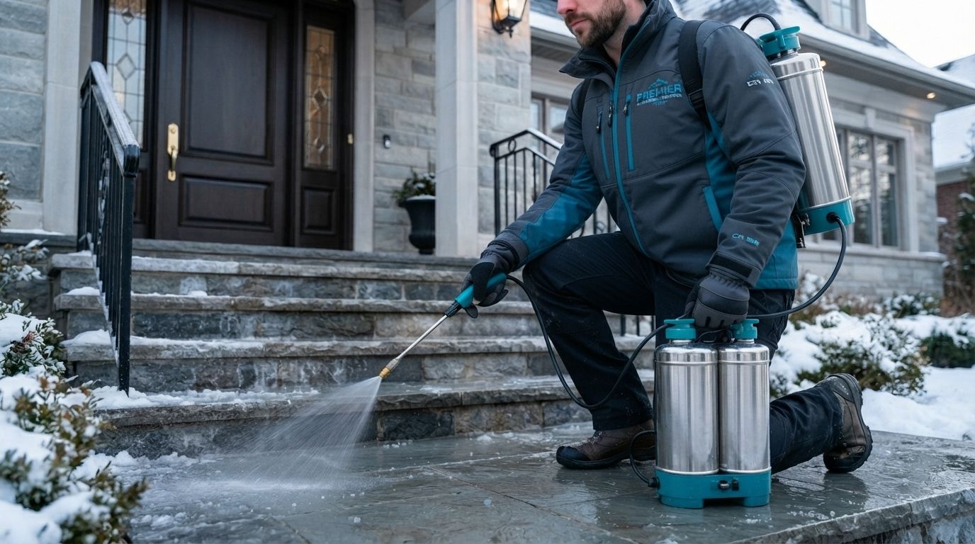Worker de-icing front steps with a handheld sprayer beside a house in winter