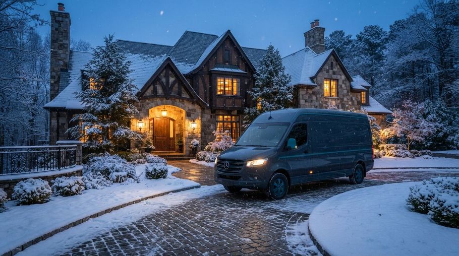 Snowy cottage at dusk with warm lights and a dark van parked in the driveway