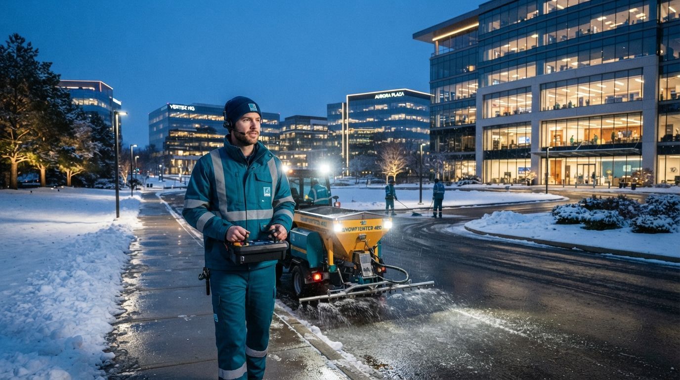 Person in winter gear driving a snowblower on a snowy city street at dusk, with office buildings lit in the background