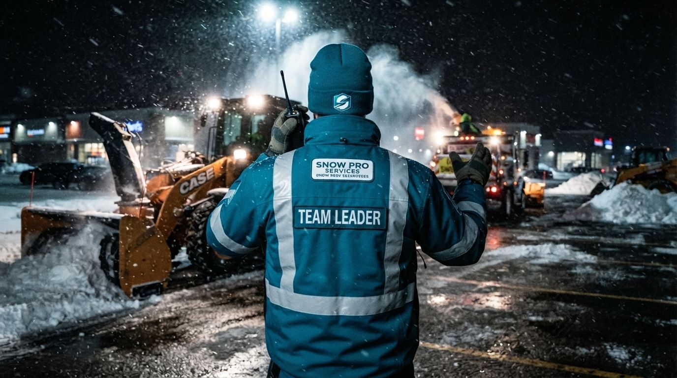 Snowy night at a worksite: a teal-jacketed team leader watches a loader clear snow.