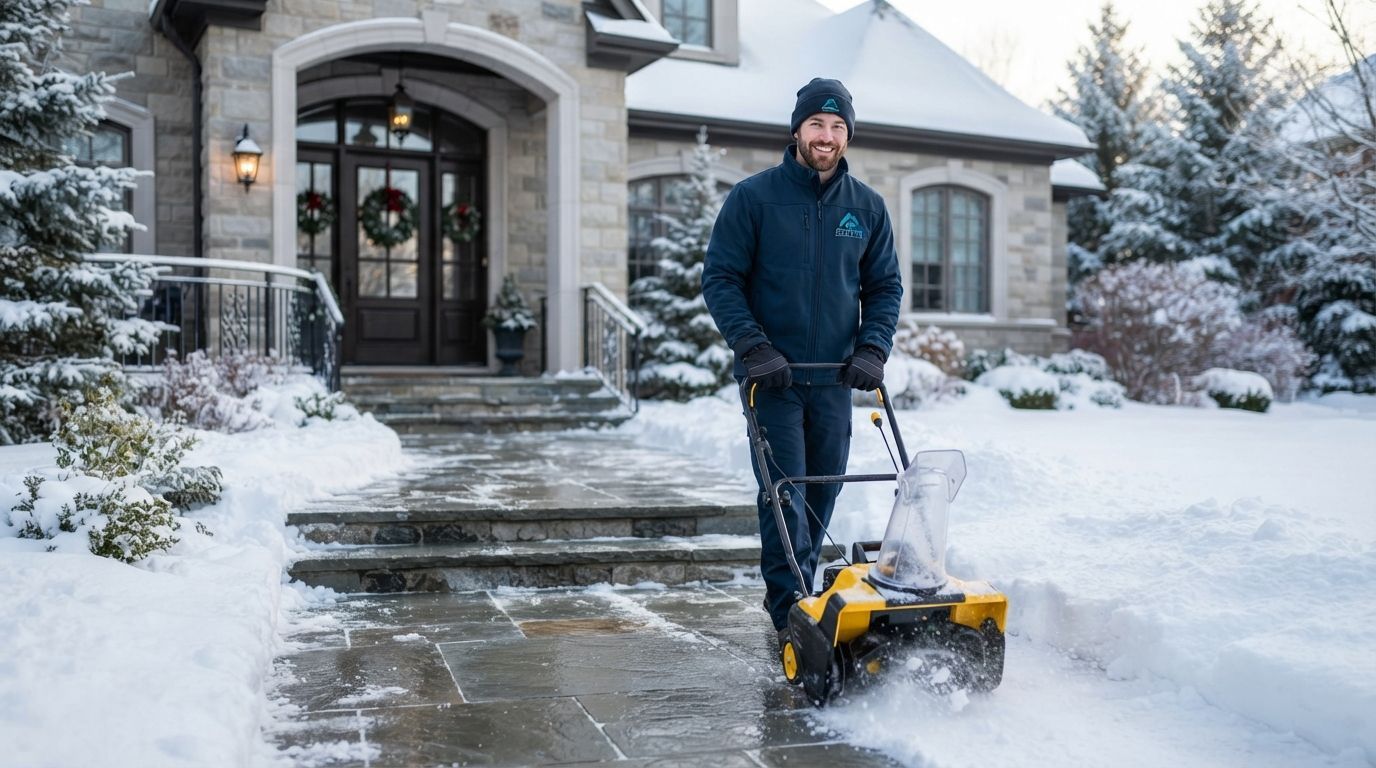 Person shoveling snow on a driveway outside a house, using a yellow snowblower.