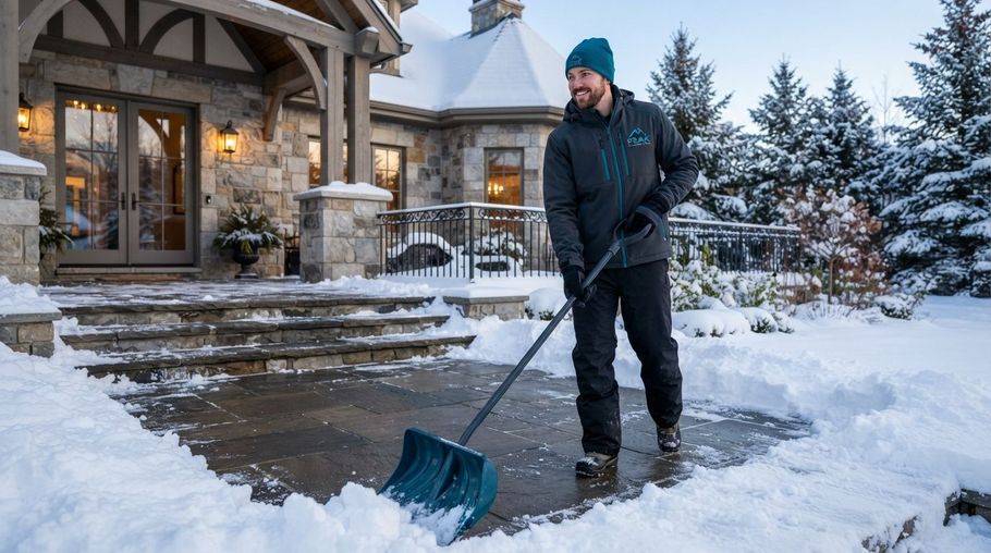Person shoveling snow on a driveway outside a stone house in winter
