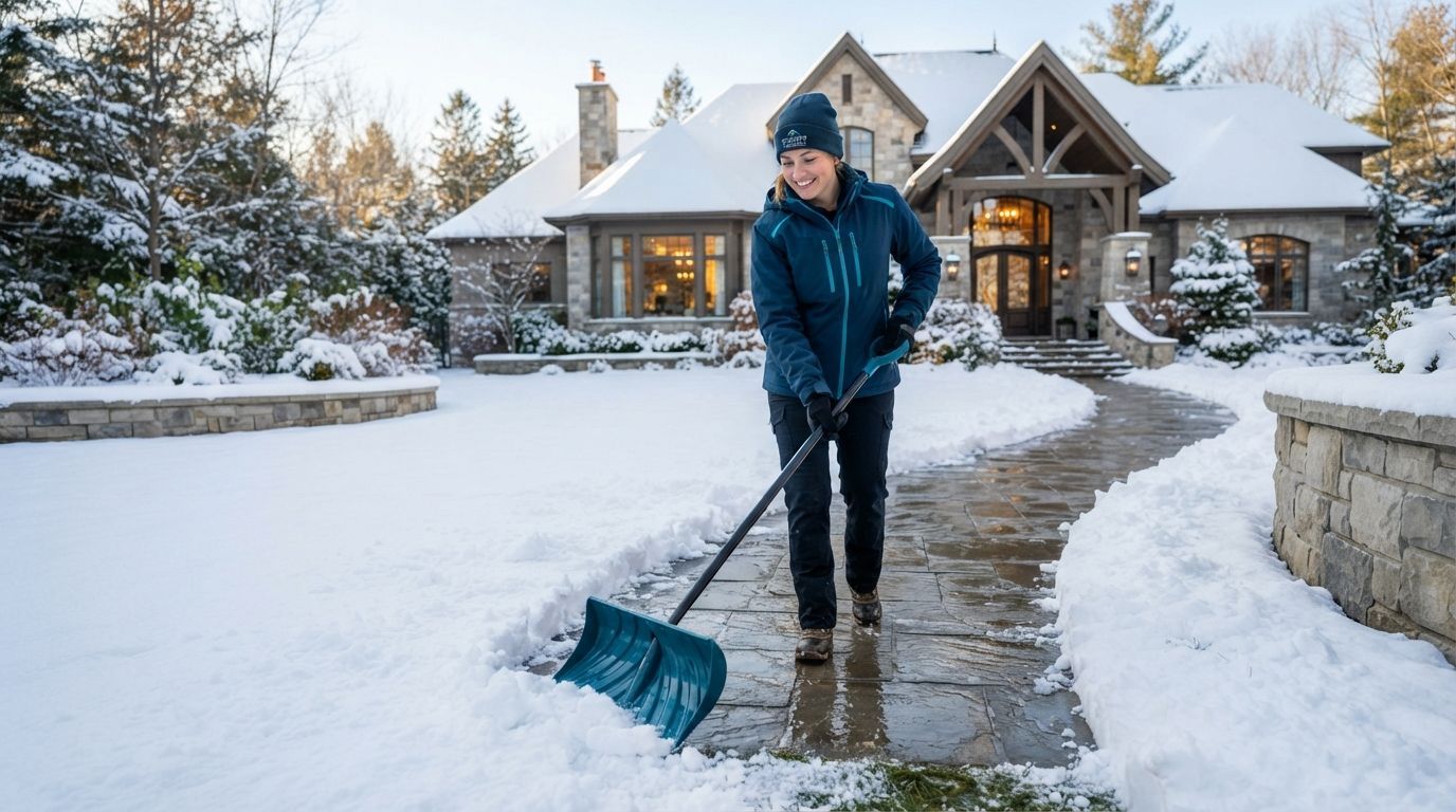 Person shoveling snow on a driveway outside a house in a snowy yard