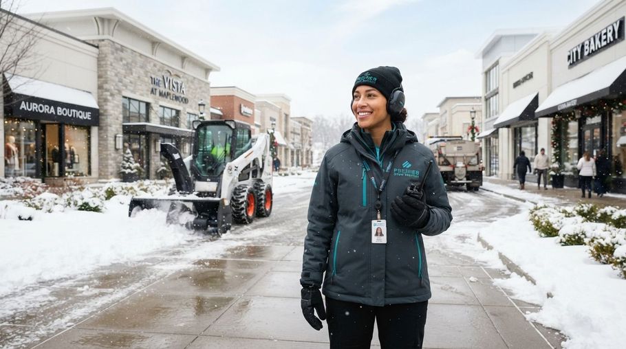 Person standing on a snowy shopping street with a small skid-steer loader in the background