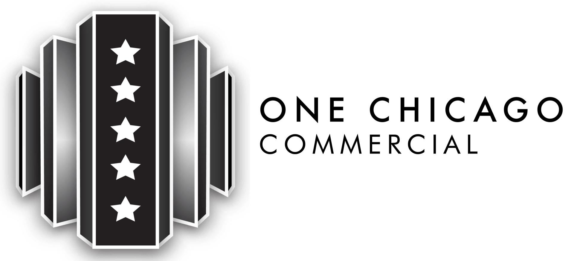 A black and white logo for one chicago commercial.