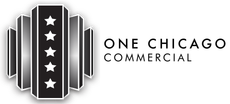 A black and white logo for one chicago commercial.