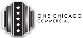 A black and white logo for one chicago commercial.