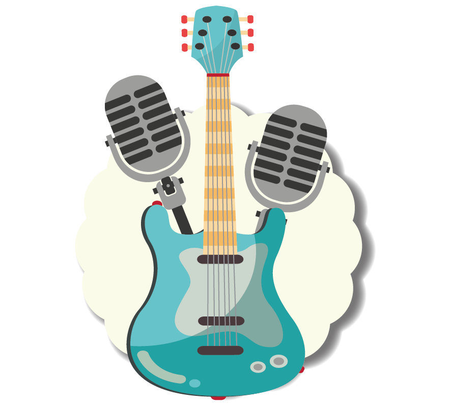 Una chitarra blu con due microfoni collegati.