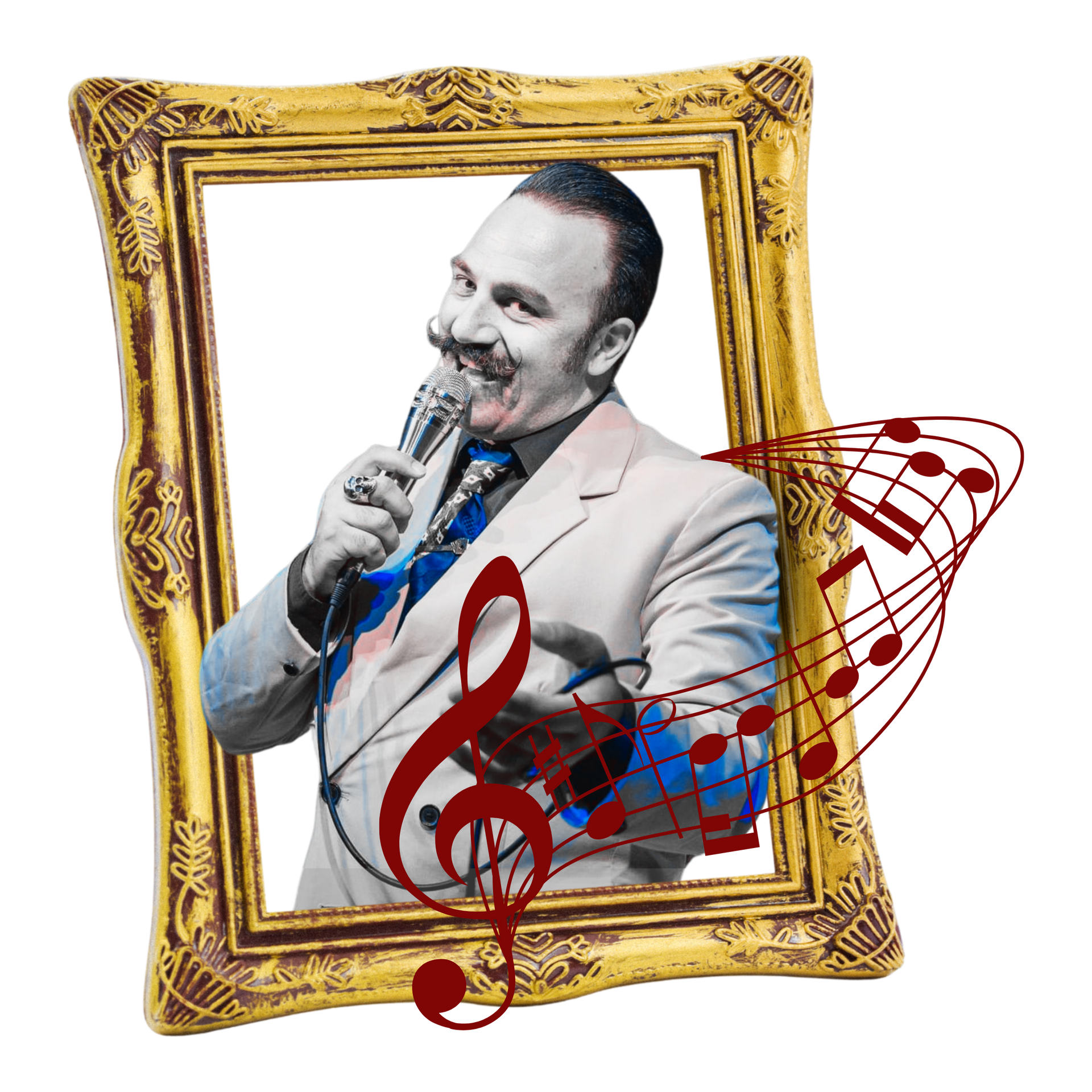 L'immagine di un uomo che canta in un microfono in una cornice dorata