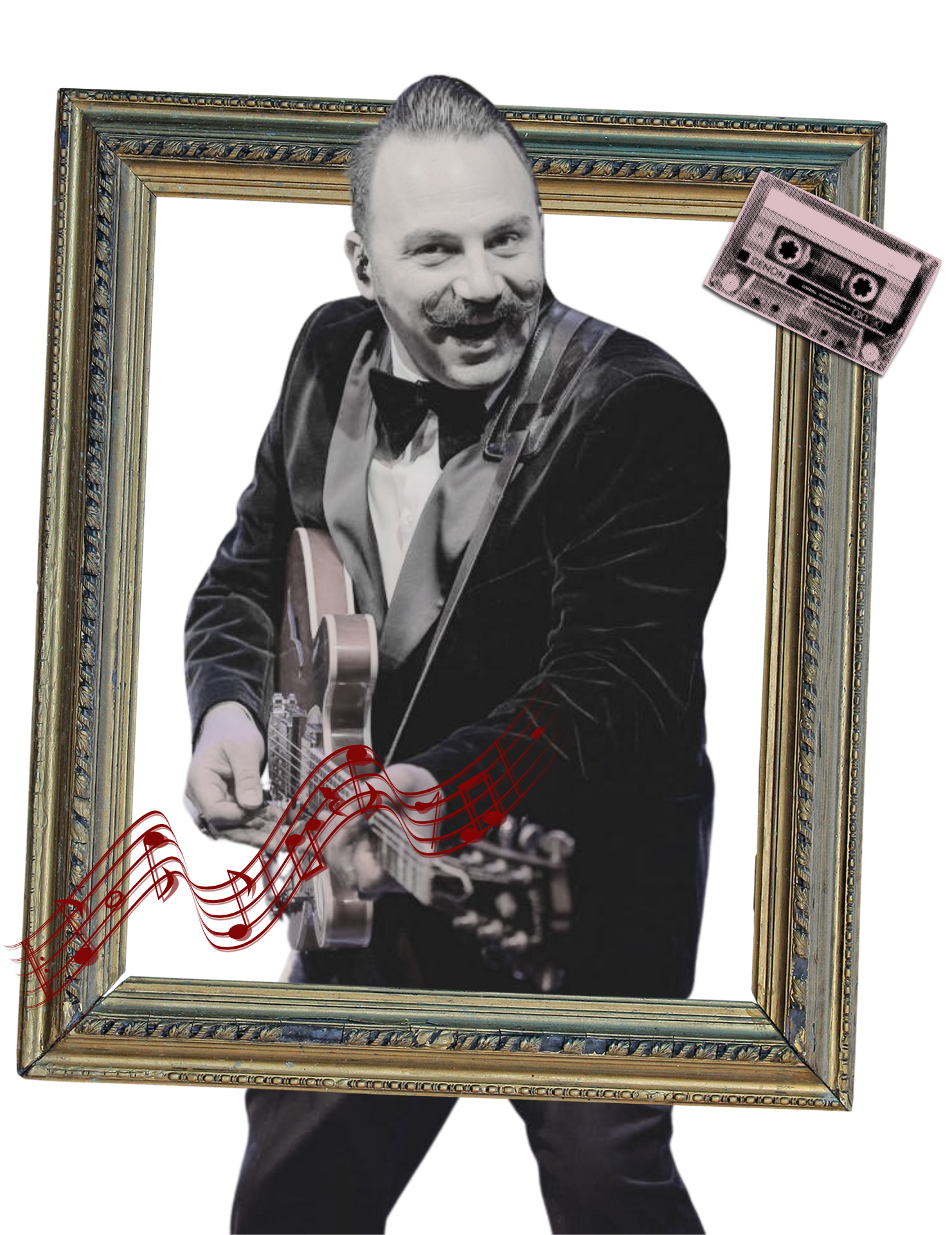 Un uomo in smoking tiene in mano una chitarra in una cornice