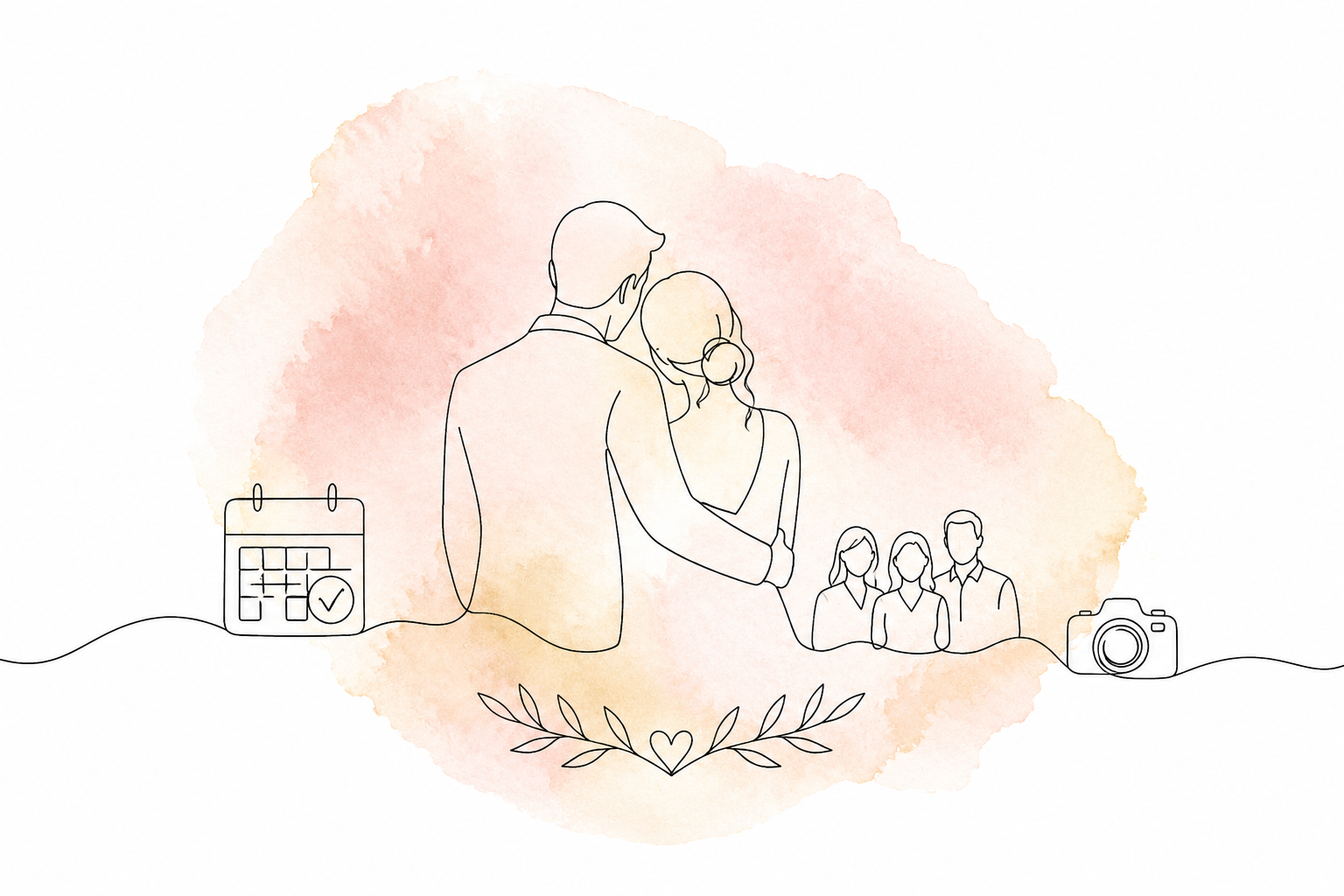 Couple embracing outdoors with soft pink watercolor background, small house and people in distance