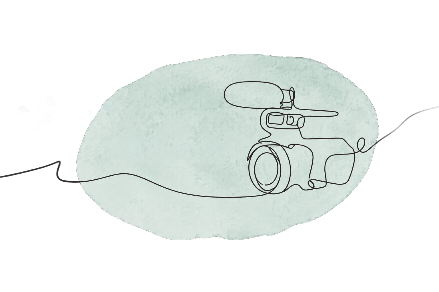 Sketch of a camcorder with a microphone on a pale green background, connected by a cable