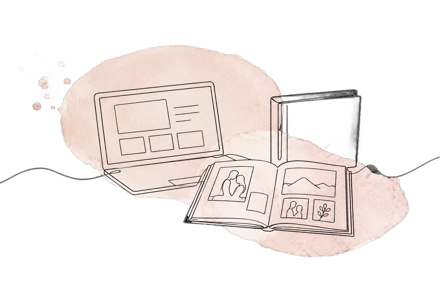 Sketch of an open laptop and smartphone with app wireframes on a soft pink background