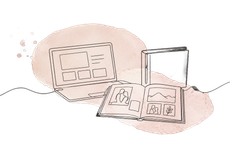 Sketch of an open laptop and smartphone with app wireframes on a soft pink background