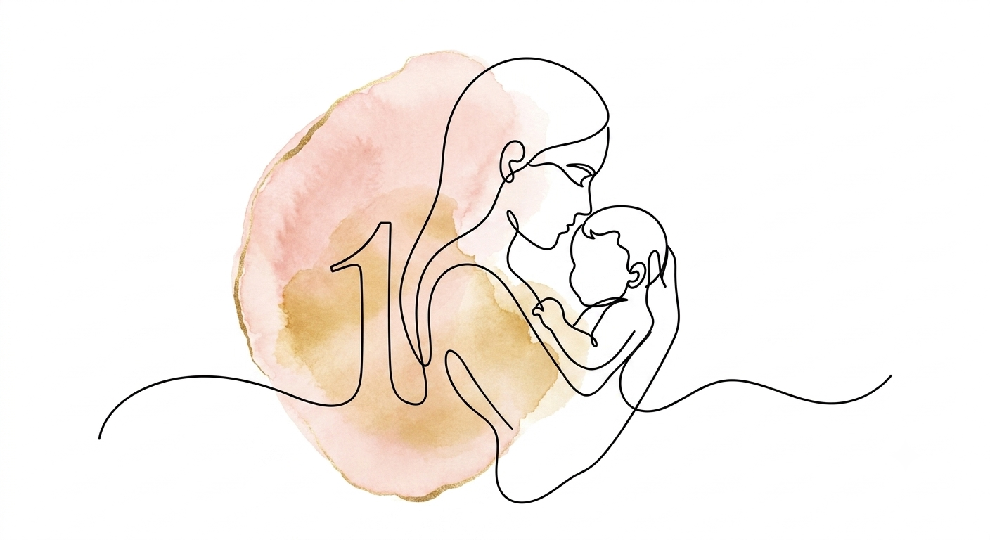 Line-art illustration of a mother breastfeeding a baby with a soft pink and tan watercolor background.