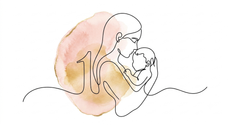 Line-art illustration of a mother breastfeeding a baby with a soft pink and tan watercolor background.