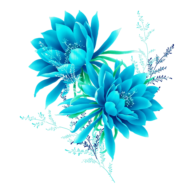 Two turquoise-blue flowers with delicate leaves on a white background