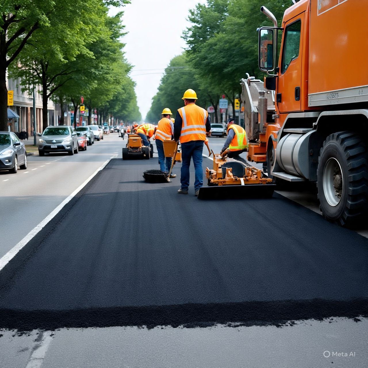 Un equipo de trabajadores viales está pavimentando una calle de la ciudad junto a un camión naranja